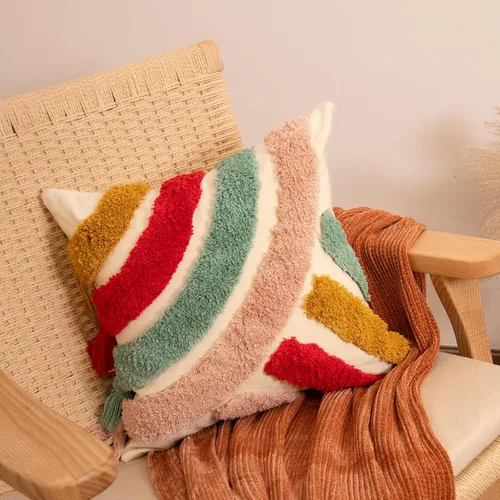 Vista 2 de lifein Fundas de almohada de 18 x 18 pulgadas, fundas de almohada copetudas de jacquard bohemio, fundas de almohada decorativas para casa de campo