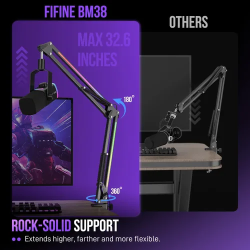 Vista 3 de FIFINE Brazo de Micrófono Articulado, Soporte de Micrófono Ajustable de Metal con Control RGB, Adaptador de Tornillo de 3/8" a 5/8", Abrazadera