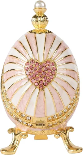 Vista 13 de Cajas de joyería con forma de huevo de Pascua azul con bisagras con diamantes de imitación en forma de amor, esmalte de regalo para mujeres