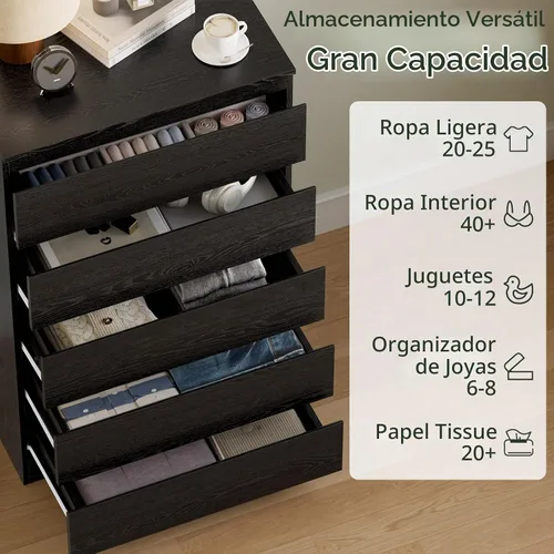 Vista 4 de OtterOasis Cómoda de madera negra para dormitorio, 5 cajones para almacenamiento de ropa, cómoda moderna con cajones anchos, cómoda de madera amplia