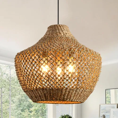 Vista 10 de Lámpara colgante de ratán de 3 luces, estilo bohemio, tejido de mimbre, costero, para colgar en el techo, para cocina, isla, sala de estar, comedor