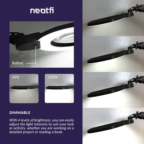 Vista 4 de Neatfi XL lupa LED bifocal, lente acrílica de 7 pulgadas, aumento 5D/20D, manos libres, luz regulable, 168 LEDs SMD, brazo ajustable