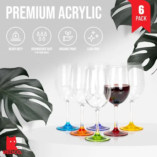 Vista 10 de Red Co. Juego de 6 copas de vino clásicas de acrílico transparente de 12 onzas líquidas para exteriores con bases multicolores