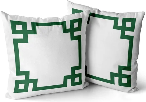 Vista 2 de Juego de 2 fundas de almohada para decoración del hogar, fundas de almohada cuadradas con borde de llave griega verde y blanco, estampado de dos