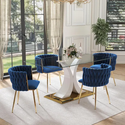 Vista 23 de Juego de comedor moderno de vidrio de lujo de 5 piezas, juego de cena rectangular minimalista grande para 4, juego de mesa de cocina de vidrio