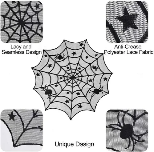 Vista 8 de Camino de mesa de Halloween, mantel redondo de encaje de araña de 40 pulgadas, mantel de Halloween para cena de Halloween (negro)