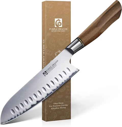 Vista 14 de Juego de 4 cuchillos de carne serrados de Purple Dragon de acero alemán de alto carbono con mango cuadrado de madera - Corte sin esfuerzo - Regalo