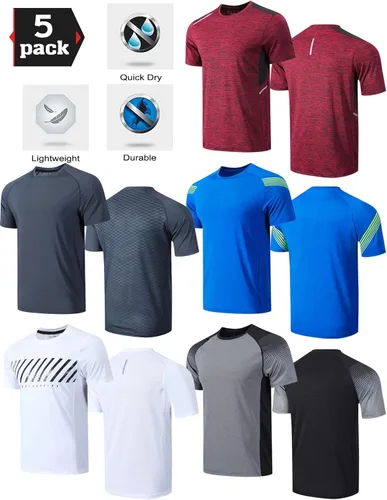 Vista 6 de Paquete de 5 camisetas de manga corta, con cuello redondo y de secado rápido para hombre, camisetas deportivas para correr, entrenar o ir al gimnasio