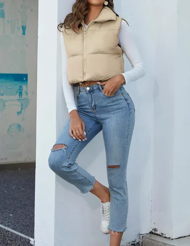 Vista 2 de PEHMEA Chaleco acolchado para mujer, cuello alto, ligero, sin mangas, con cremallera, chaleco de abrigo