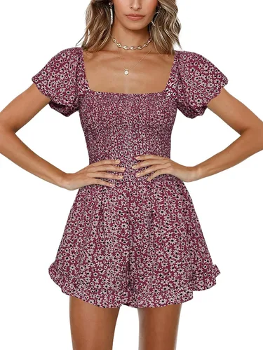 Vista 7 de Jeanewpole1 Womens Short Wide Leg Rompers Floral Printed Jumpsuit Negro