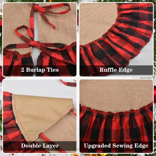 Vista 3 de Mini falda de árbol de arpillera a cuadros Buffalo con volantes rojos y negros, falda pequeña de árbol de Navidad a cuadros rojos y negros de 24