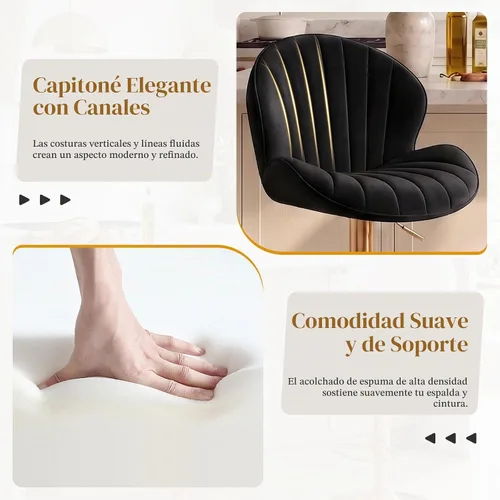 Vista 4 de CIMOTA Juego de 2 taburetes de bar negros y dorados de altura ajustable, taburetes de bar giratorios modernos con forma de concha, taburetes