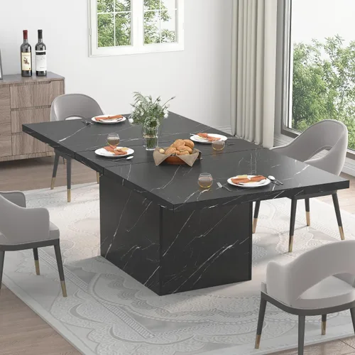 Vista 7 de HSH Mesa de comedor de 55 pulgadas para 4, moderna mesa de comedor de mármol sintético negro, mesa de cocina rectangular con pedestal resistente