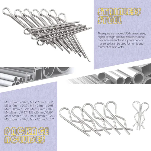 Vista 3 de Swpeet Pin de horquilla de acero inoxidable 304 M4 M6 M8 con M1.5 M2 M3 chapado en zinc de acero chapado en zinc y clips de fijación Set de pasador