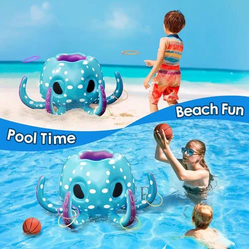 Vista 3 de iPlay, iLearn Juguetes de piscina de pulpo para niños, juego inflable 2 en 1 para piscina, juego de aro de baloncesto y lanzamiento de anillo, juego