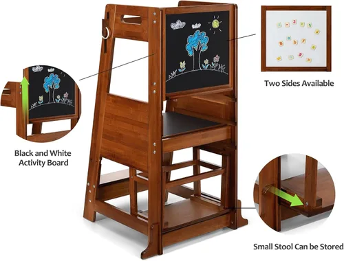 Vista 5 de TOETOL Taburete de bambú para niños, taburete de cocina de aprendizaje de torre de pie para encimera de cocina de 3 alturas ajustables con pizarra