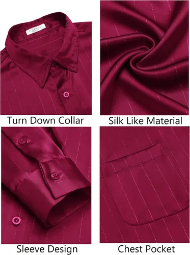 Vista 6 de COOFANDY Camisa de vestir de satén de lujo para hombre, de seda brillante, manga larga, con botones, para boda, fiesta, baile de graduación