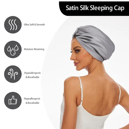 Vista 2 de Gorro de satén de seda ajustable para envolver el cabello para dormir, gorro de dormir de doble capa, turbante nocturno para cabello largo y rizado