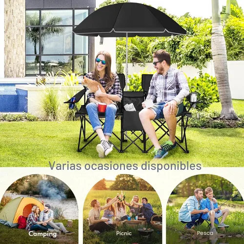 Vista 8 de Goplus Sillas de camping dobles con paraguas, enfriador para patio de playa Negro