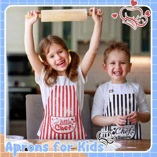 Vista 5 de Paquete de 3 delantales para niños para cocinar, ajustables, delantales divertidos con bolsillos para niños y niñas, pintura, hornear Kitchen