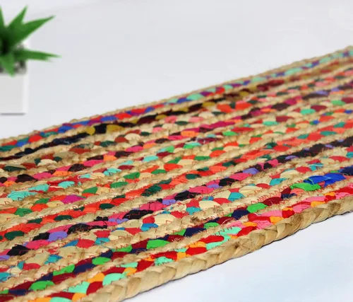 Vista 2 de COTTON CRAFT Camino de mesa de yute Chindi – Mesita reversible trenzada tejida a mano – Verano Otoño Cosecha Vacaciones Festivas Fiesta Boho Rural