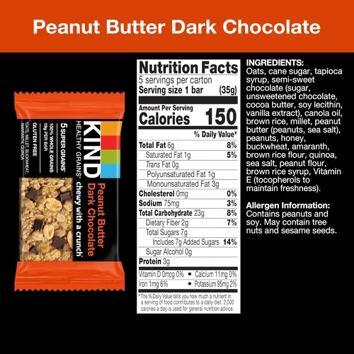 Vista 2 de KIND Barras de granos saludables, mantequilla de maní, chocolate oscuro, sin OMG, sin gluten, 1.2 onzas, 5