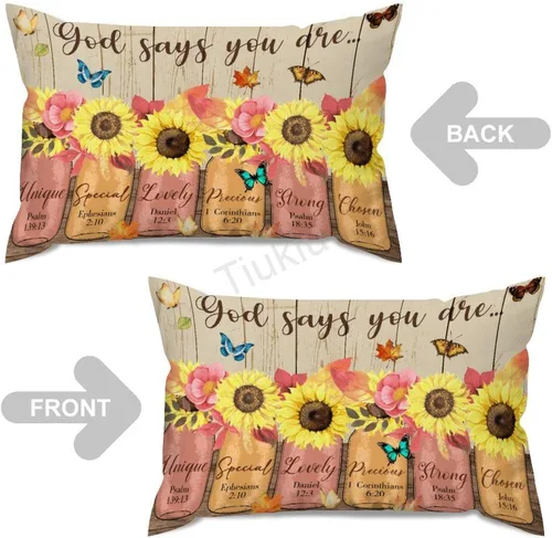 Vista 3 de Fundas de almohada lumbar con versículo bíblico de girasol, Dios dice que eres mariposa, funda de cojín rectangular decorativa para sofá, dormitorio