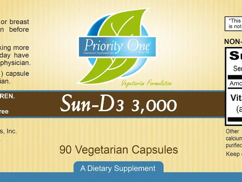 Vista 2 de Priority One Vitaminas Sun D3 3,000 90 Cápsulas Vegetarianas - La Forma Más Biodisponible de Vitamina D (colecalciferol).*