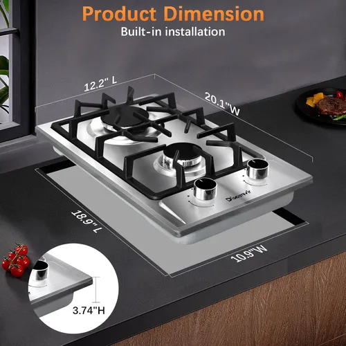 Vista 6 de Cocina de gas de 2 quemadores de propano - Estufa de gas de acero inoxidable de 12 pulgadas para combustible dual LPG/GN, quemador de gas portátil