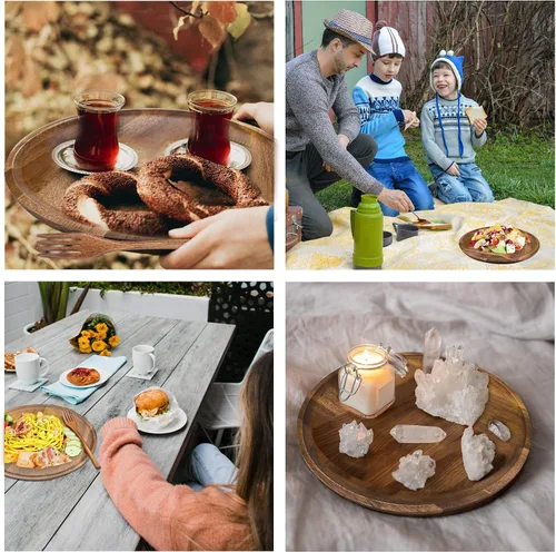 Vista 4 de Platos de madera, platos llanos de madera, reutilizables, hechos a mano, juego de cubiertos de madera natural para cocinar, comer, inauguración