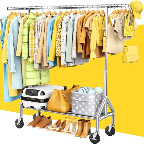Vista 9 de Perchero de ropa de doble barra de acero inoxidable 100 % resistente, 860 libras, perchero ajustable para colgar ropa, armario independiente