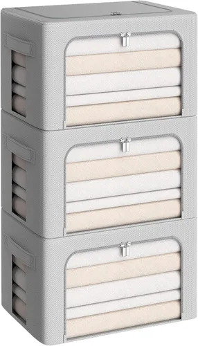 Vista 24 de Paquete de 3 cajas de almacenamiento con marco, bolsas de almacenamiento de ropa, tela Oxford, plegable, apilable, juego organizador con ventana