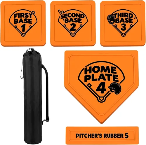 Vista 10 de Hiboom Juego de 5 bases de béisbol y sóftbol con bolsa de transporte portátil, 3 bases abatibles, 1 placa de inicio, 1 goma de lanzamiento