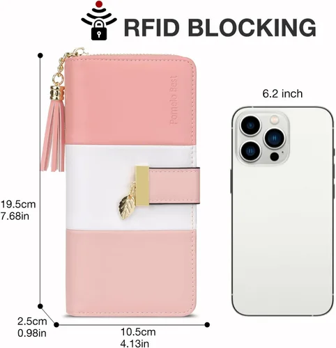Vista 2 de Carteras RFID para mujer con múltiples ranuras para tarjetas y compartimento para teléfono celular, cartera para mujer, Rosa SakuraBlancoRosa