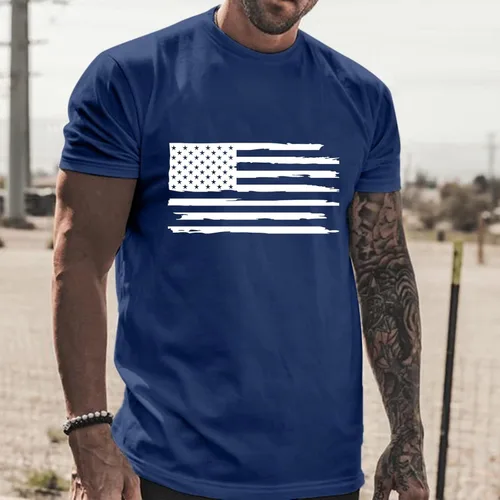 Vista 2 de Masbird Camisas para hombre, casual, 4 de julio, manga corta, cuello redondo, bandera estadounidense, casual, día de la independencia, gimnasio