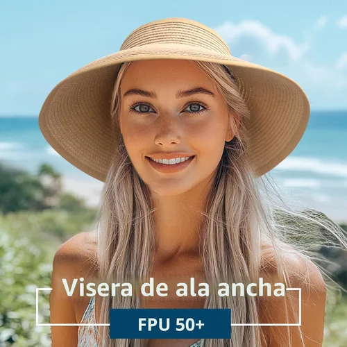 Vista 3 de NPJY Sun Hats for Women Wide Brim Roll-Up Ponytail Packable Straw Visor Blanco