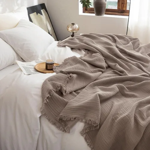 Vista 50 de FOSSA Manta de Muselina con Flecos - Gasa de Algodón 100% de 4 Capas Súper Suave y Transpirable - Manta Decorativa Ligera y Refrescante para Cama