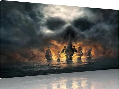 Vista 16 de TutuBeer 3 Piezas Arte de Pared Batalla Naval Barco Imagen Barco Pirata Velero Póster Barco Pirata Azul en Llamas Imagen Impresa en Lienzo Póster
