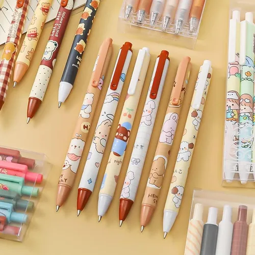 Vista 3 de 6 bolígrafos Kawaii de gel retráctiles, bonitos bolígrafos de gel con punta bala estética, suministros de oficina para estudiantes creativos