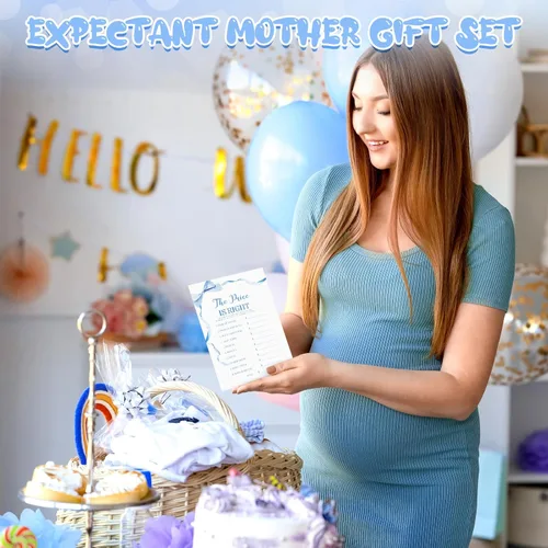 Vista 4 de Ctosree 302 Piezas Juegos de Baby Shower Azul Lazo Precio es Correcto Baby Shower Señales Acuarela, 6 Juegos, 50 Hojas Cada Uno, Predicciones