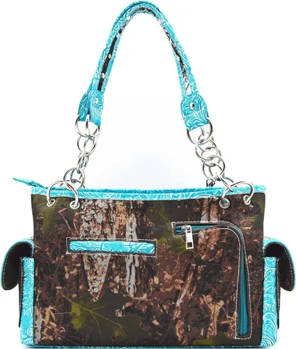 Vista 4 de Camuflaje Estilo Occidental Totes Bolso Floral Tachonado Bolso de Cuero Tooled Bolso de Cuero de las Mujeres del País Bolsa de Hombro Cremallera
