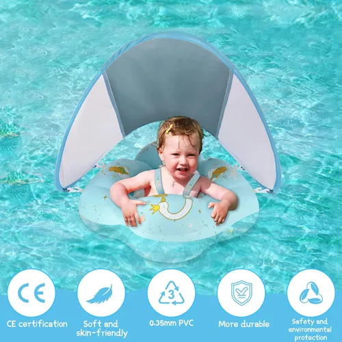 Vista 3 de WYRIAZA Flotador para bebé con toldo UPF50+ protección solar para bebés recién nacidos y niños pequeños inflables para natación, natación