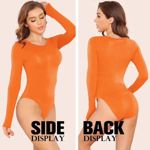 Vista 27 de LAOLASI Body de manga larga con cuello redondo para mujer, ajustado, básico, extensor