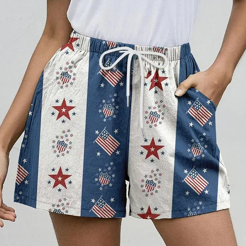 Vista 2 de Independence Day Casual Sports Cargo Pants Women Trendy USA Flag Color Block Compression Drawstring Summer Shorts White