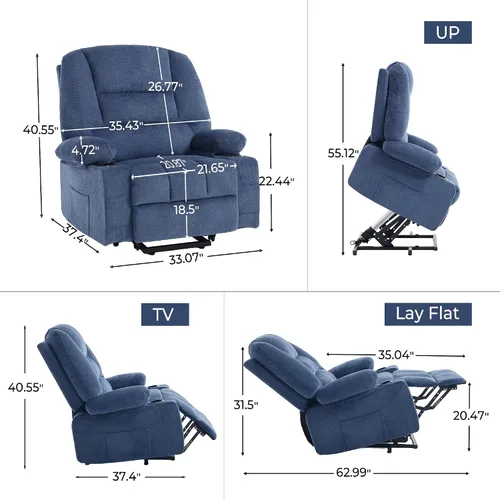 Vista 2 de Silla reclinable eléctrica para personas mayores con puerto USB, silla reclinable de masaje eléctrica con calor para adultos mayores, color azul