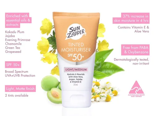 Vista 2 de Sun Zapper BB Cream Tinted Moisturizer Protector solar SPF 50+ Light Medium – Protector solar facial con ciruela Kakadu y aceite de jojoba