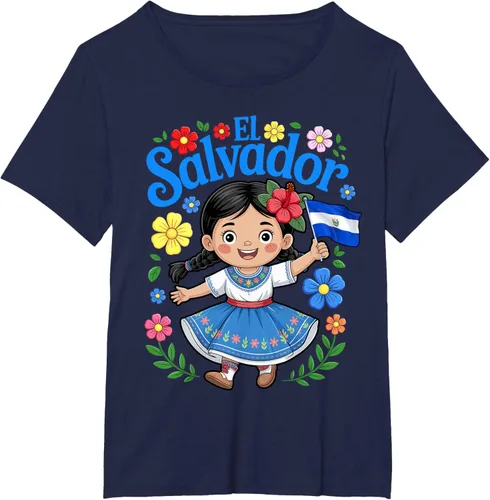 Vista 17 de Camiseta de estilo tradicional floral para niña con la bandera de El Salvador