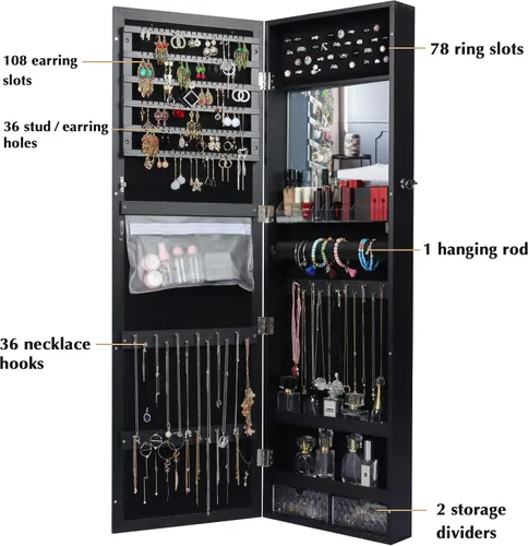 Vista 2 de Lavievert Jewelry Armoire - Armario de joyería con cerradura de 47.2 pulgadas de alto, organizador de exhibición de joyas montado en la paredpuerta