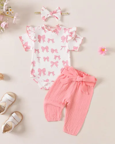 Vista 4 de SUNNY PIGGY Ropa para bebé recién nacida, 4 piezas, lindos trajes de otoño Rosa (Bow Pink)