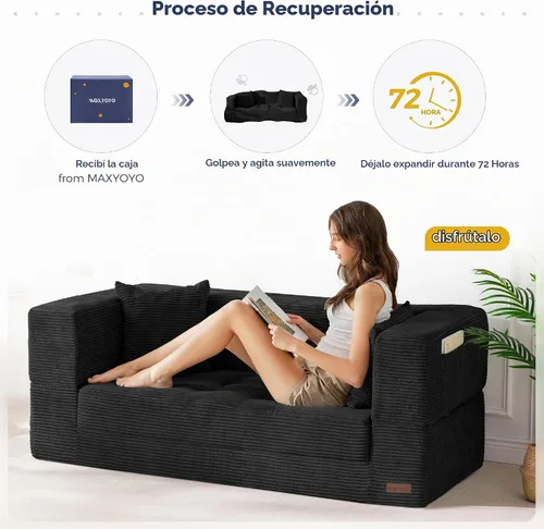 Vista 8 de MAXYOYO Sofá cama plegable, sofá biplaza convertible sin hueso con almohada Negro